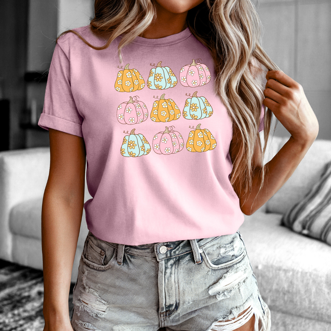 Pastel Pumpkin Bouquet T-Shirt | Gentle Autumn Graphic Tee | Year-Round Cosy Style