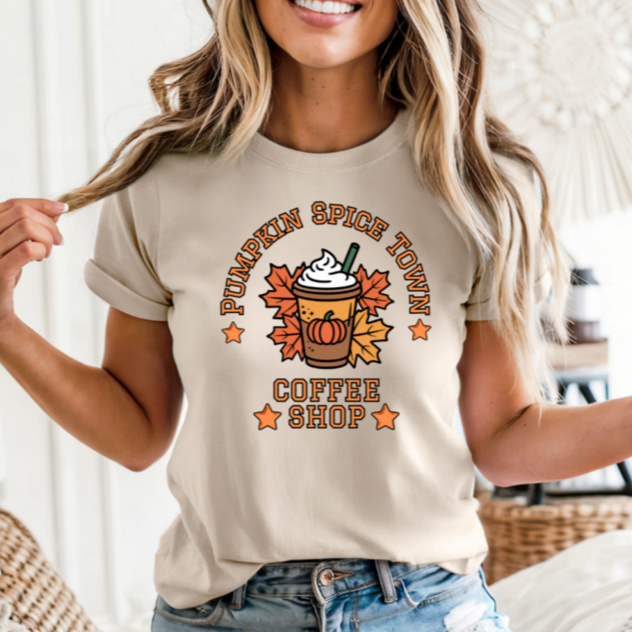 Pumpkin Spice Town Coffee Shop T-Shirt | Unisex Cozy Autumn Graphic Tee | Varsity Fall Style