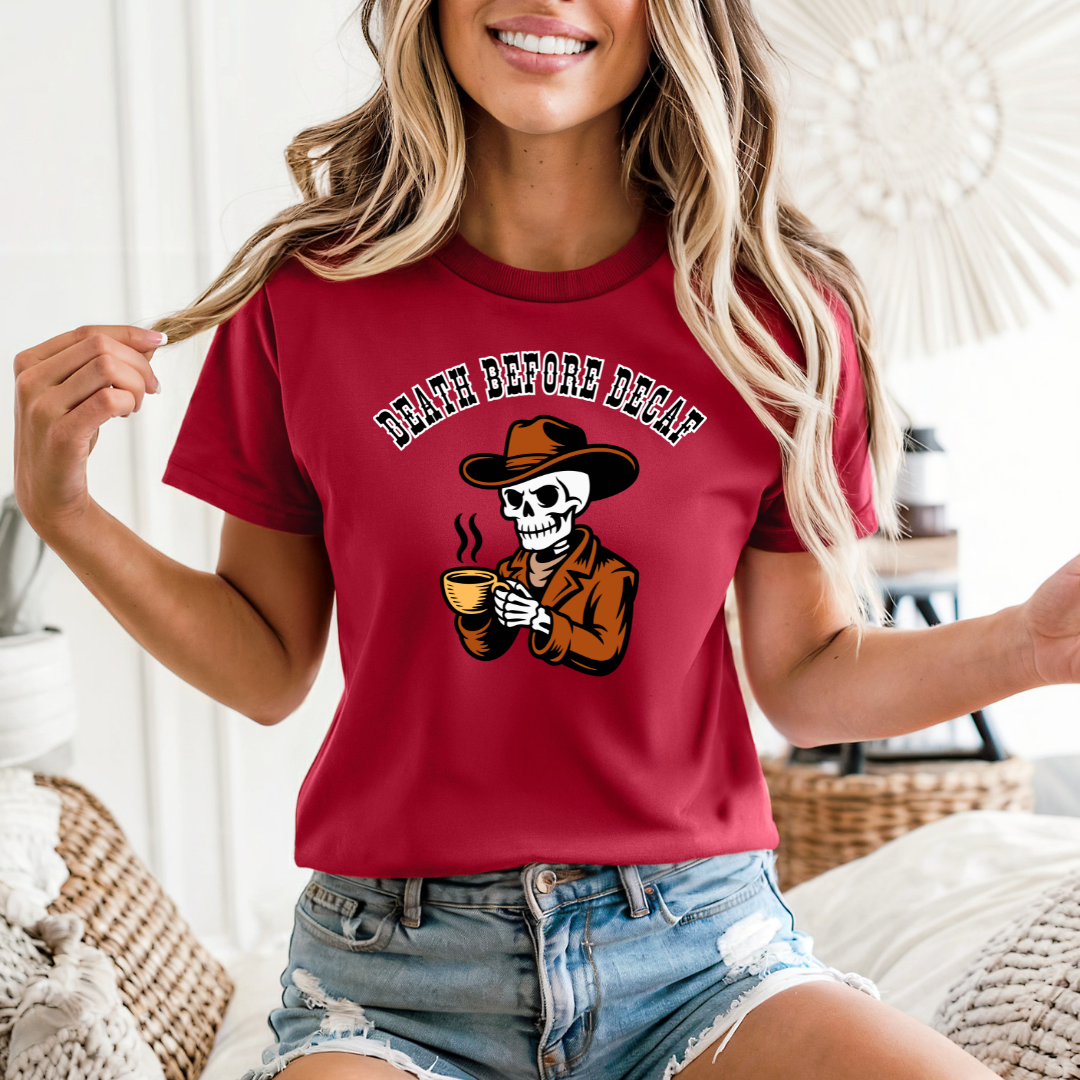 Death Before Decaf T-Shirt | Western Skeleton Tee | Coffee Lover Shirt