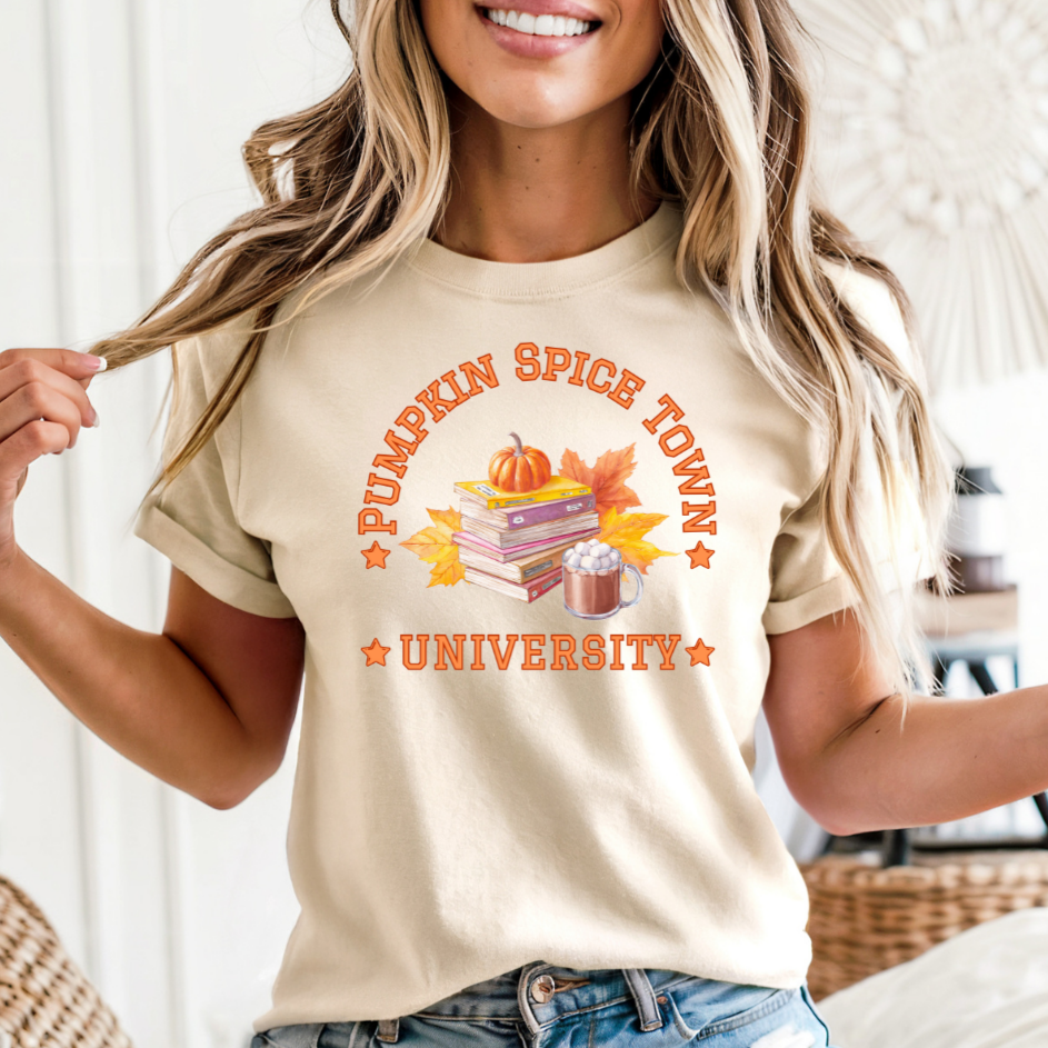 Pumpkin Spice Town University T-Shirt | Cosy Autumn Graphic Tee | Gentle Autumn/Fall Style