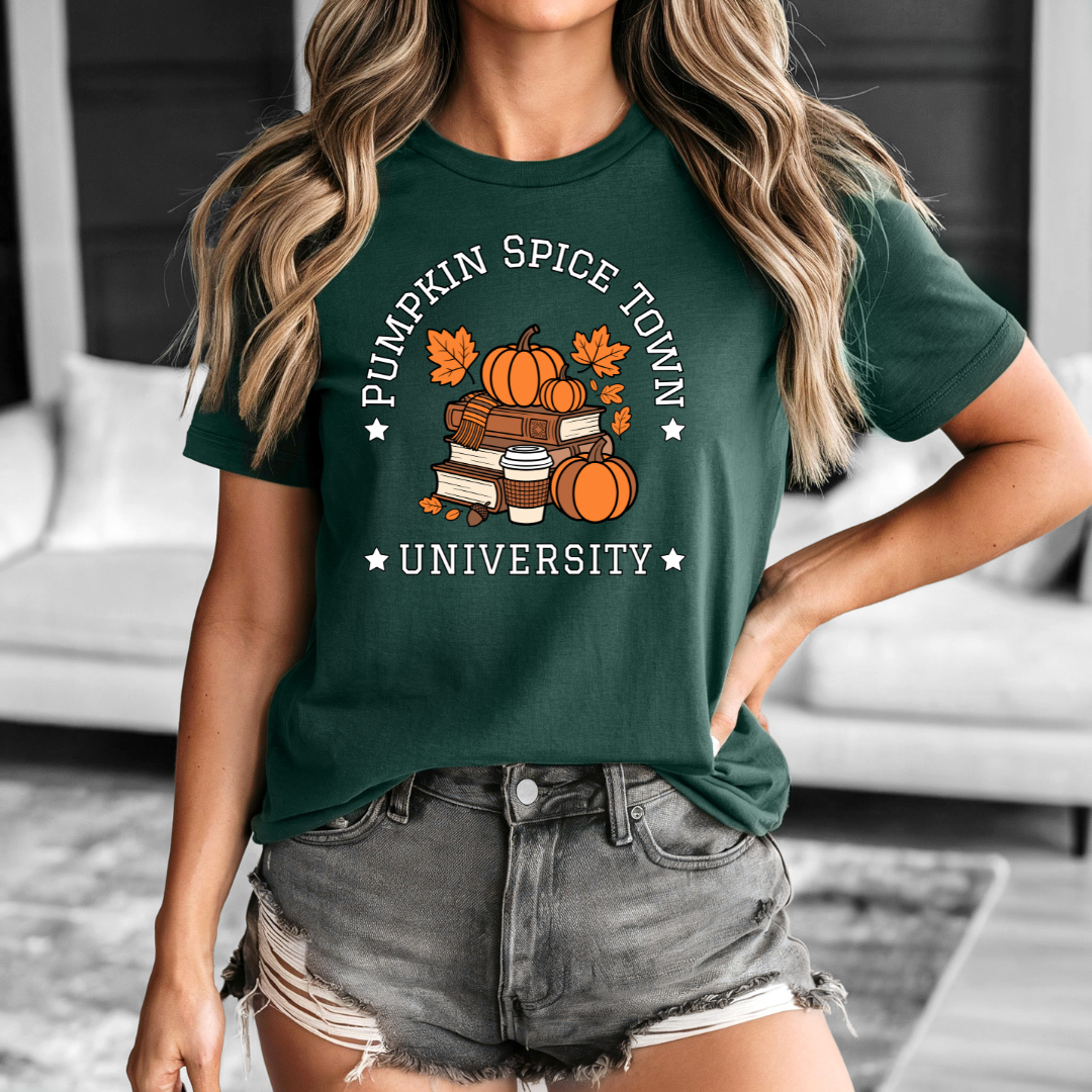 Pumpkin Spice Town University T-Shirt | Cozy Autumn Graphic Tee | Varsity Fall Style