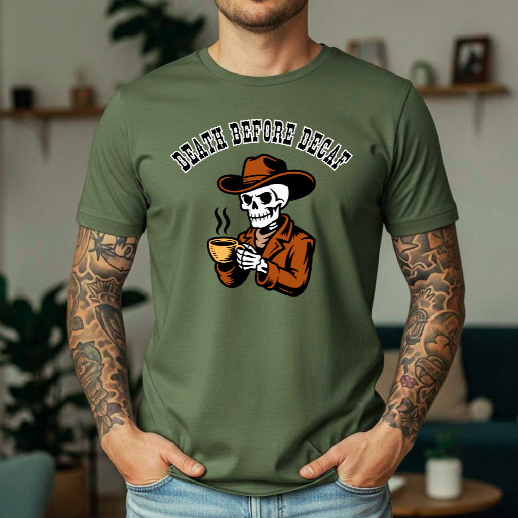 Death Before Decaf T-Shirt | Western Skeleton Tee | Coffee Lover Shirt