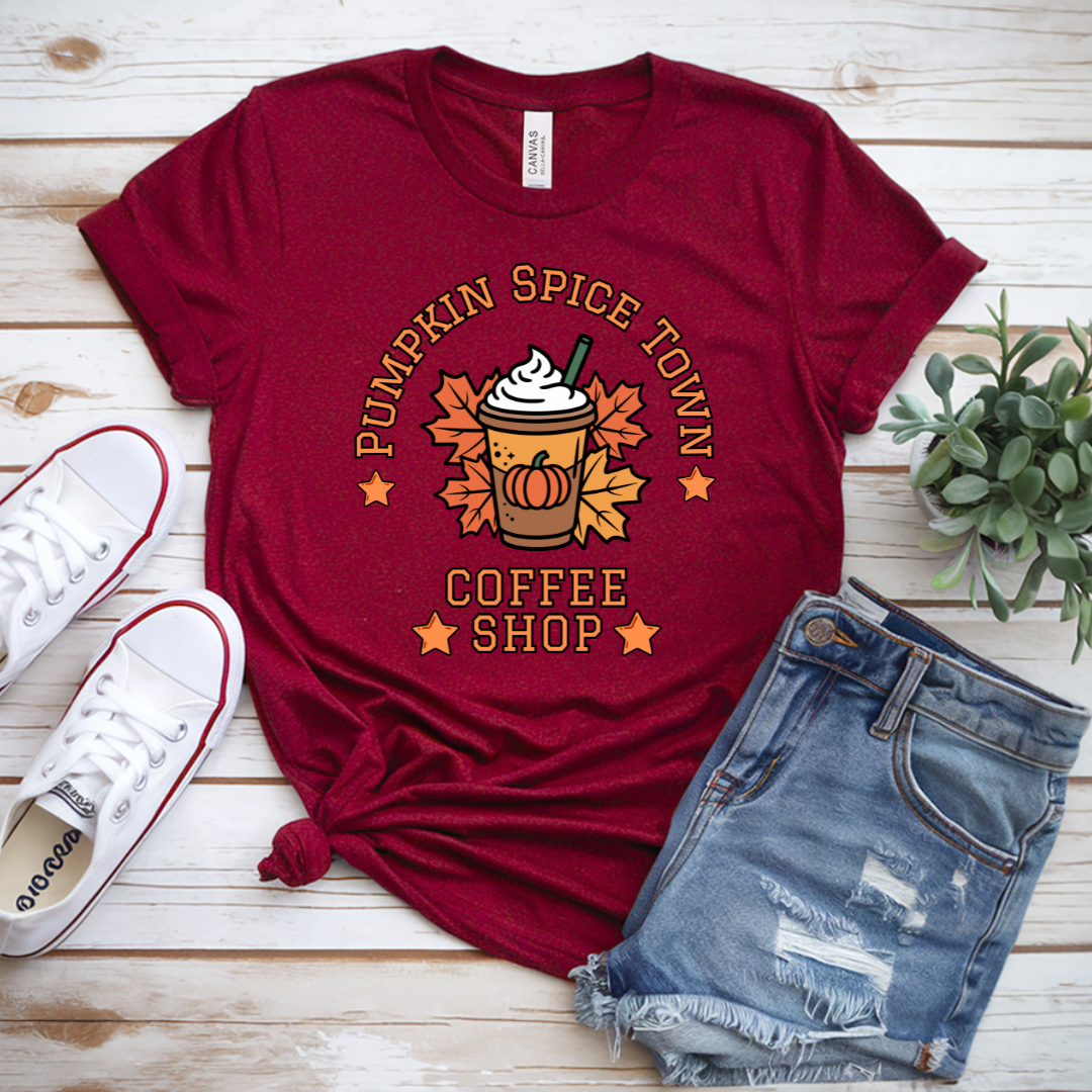Pumpkin Spice Town Coffee Shop T-Shirt | Unisex Cozy Autumn Graphic Tee | Varsity Fall Style