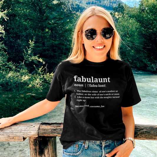 Woman wearing black Fabulaunt definition T-shirt styled casually outdoors
