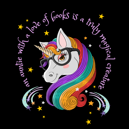An Auntie With a Love of Books is a Truly Magical Creature T-shirt (Lilac text)