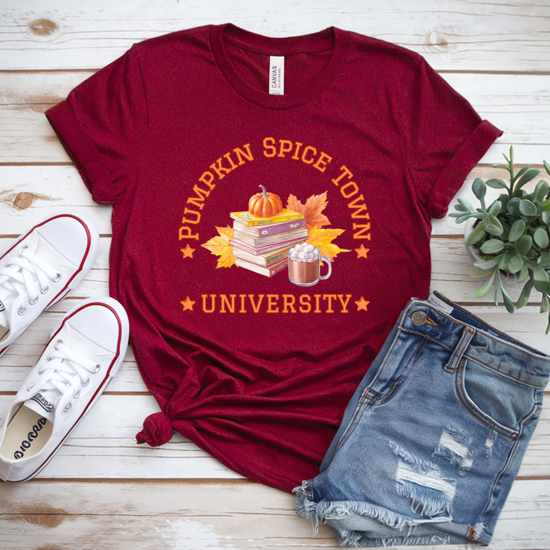 Pumpkin Spice Town University T-Shirt | Cosy Autumn Graphic Tee | Gentle Autumn/Fall Style