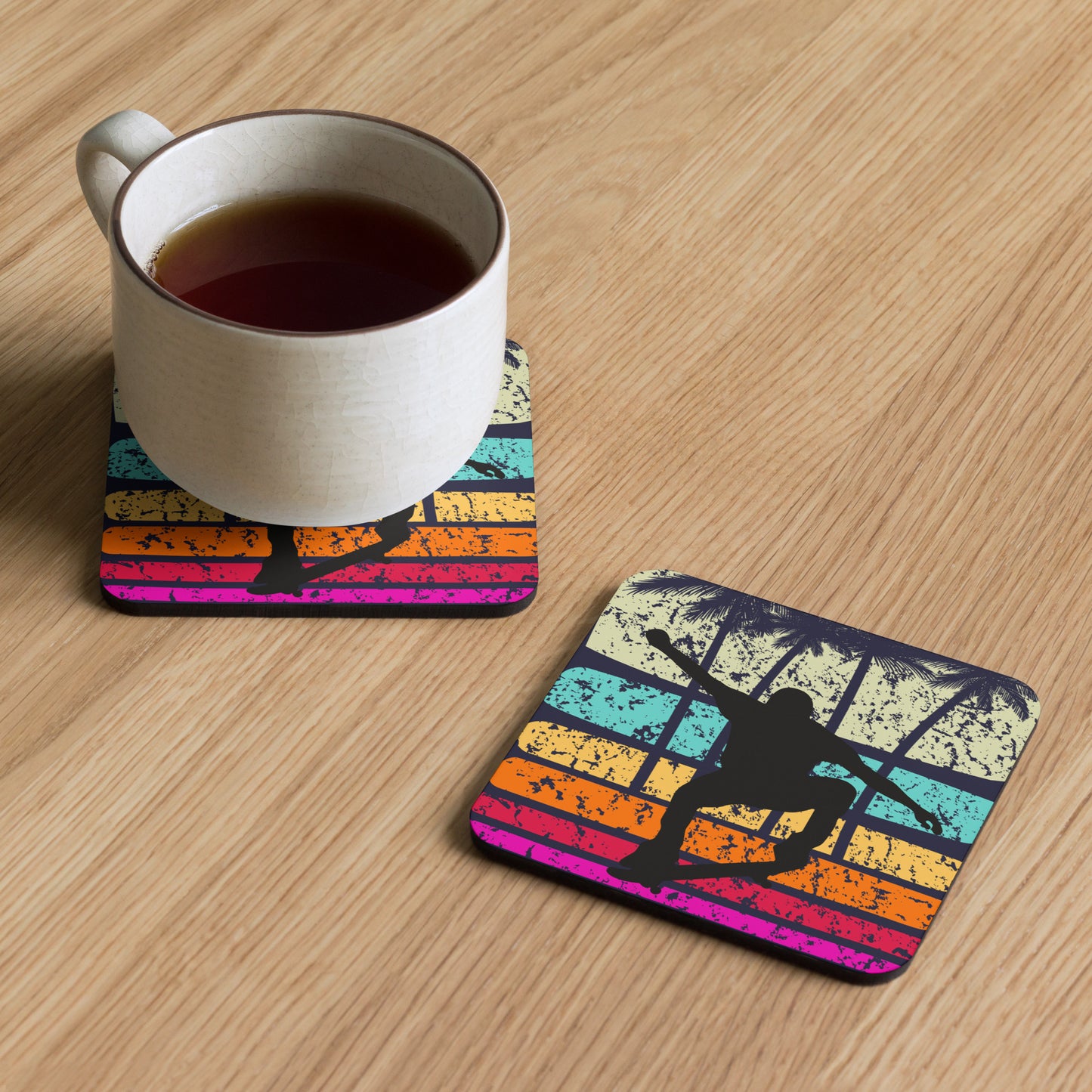 Board Life coaster styled on a table with a hot drink for everyday use