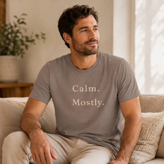 Male model wearing the Calm. Mostly. T-shirt in Pebble, featuring soft peach serif text on a warm neutral Bella+Canvas unisex tee.