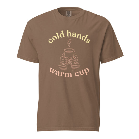 Cold Hands Warm Cup unisex Comfort Colors T-Shirt in Espresso with cozy autumn graphic design