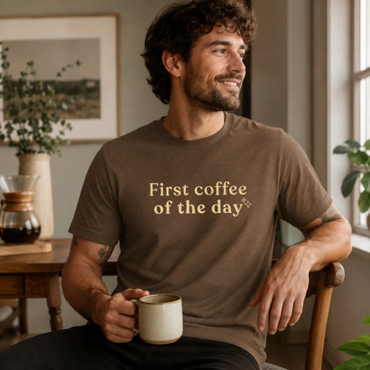Male model wearing a brown First Coffee of the Day T-shirt while holding a coffee mug in a cosy kitchen setting.