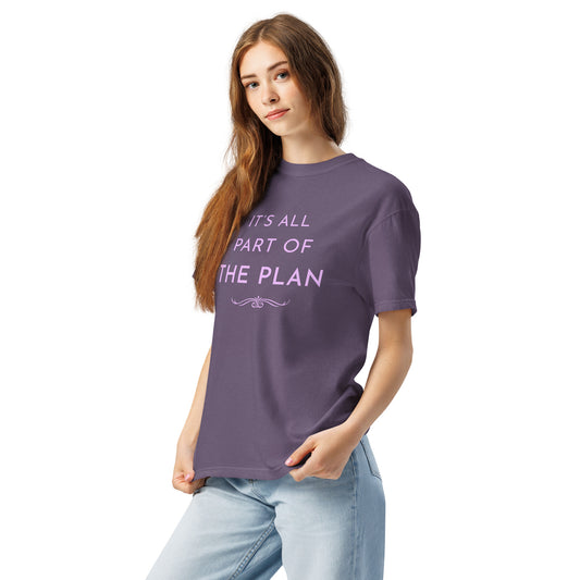 Woman wearing grape Comfort Colors T-shirt with “It’s All Part of the Plan” calming inspirational quote design