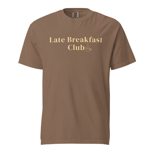 Late Breakfast Club Comfort Colors T-shirt in espresso brown with coffee cup graphic, front view on white background