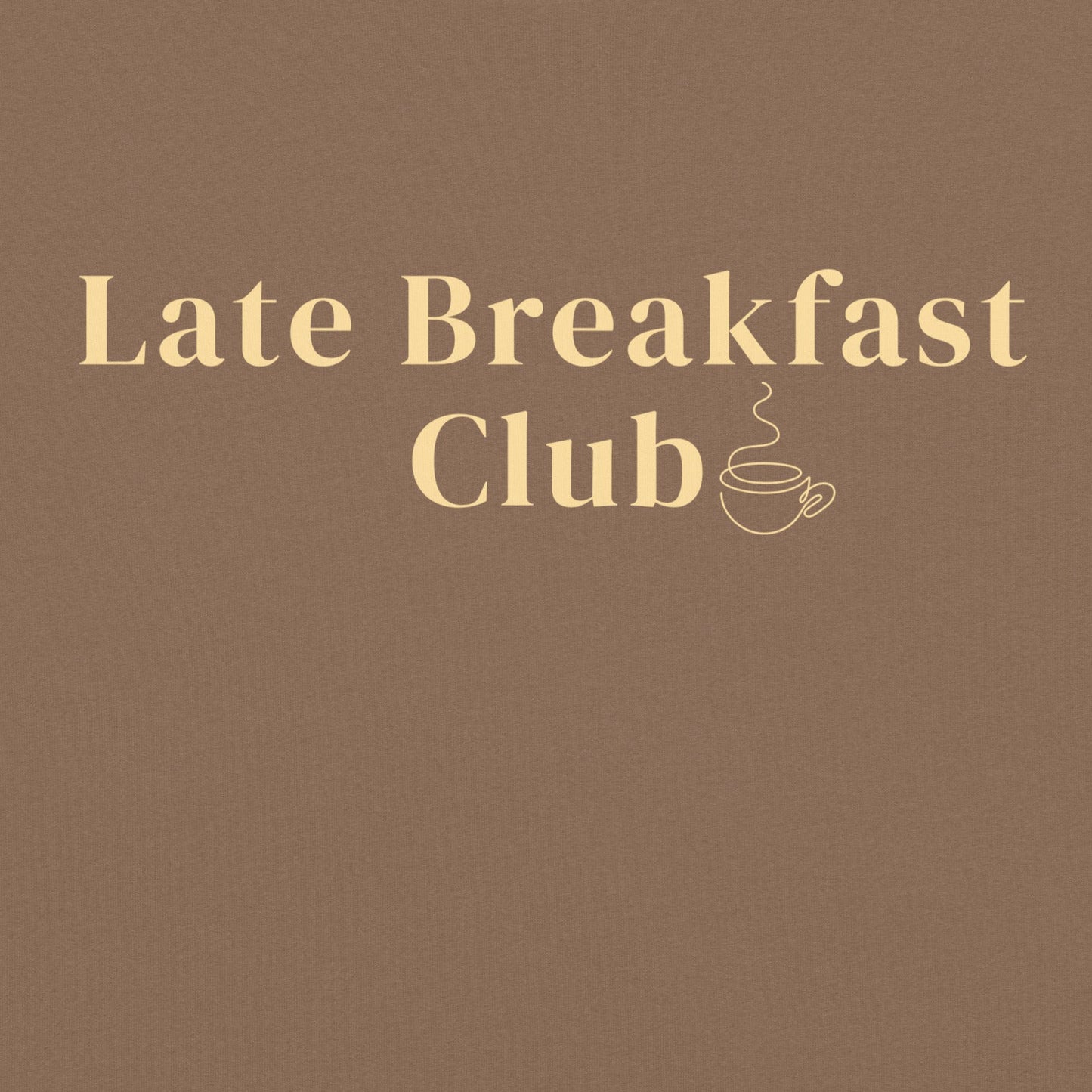 Product moClose-up of Late Breakfast Club brunch graphic with coffee cup icon on espresso brown Comfort Colors T-shirtckup