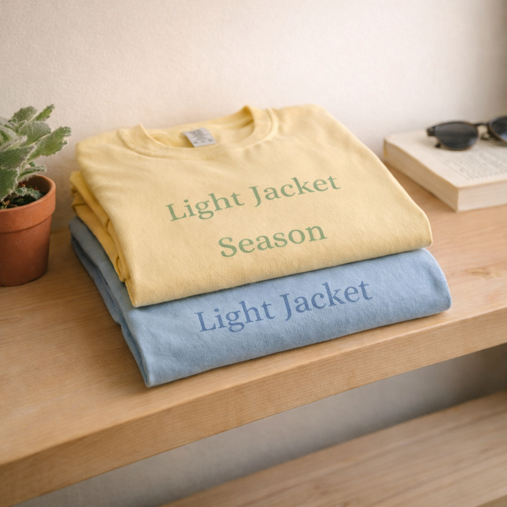 Folded Light Jacket Season Comfort Colors T-shirts stacked on wooden shelf in butter yellow and chambray blue