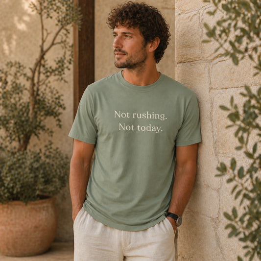 Male model wearing a sage Not Rushing Not Today T-Shirt in a soft, natural lifestyle setting.