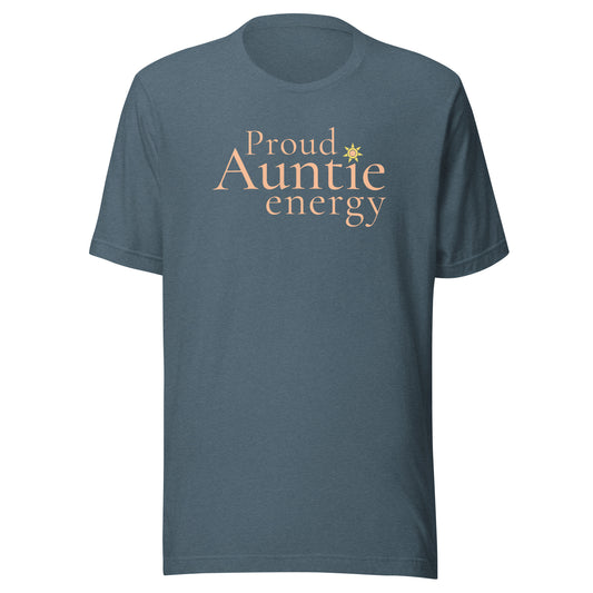 Proud Auntie Energy T-shirt in heather slate with soft sunshine-toned lettering