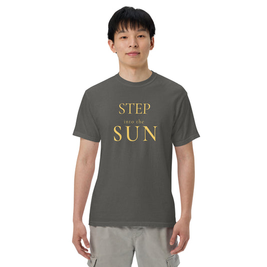 Model wearing Pepper Comfort Colors Step Into the Sun inspirational graphic T-shirt.