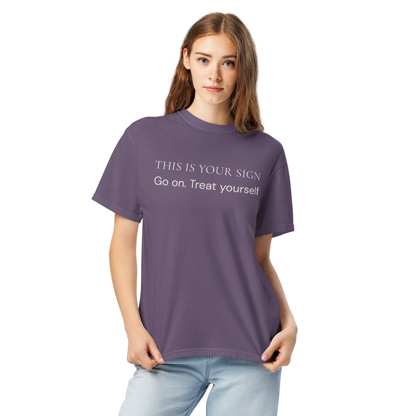 Model wearing Grape Comfort Colors T-Shirt with a calm treat yourself message