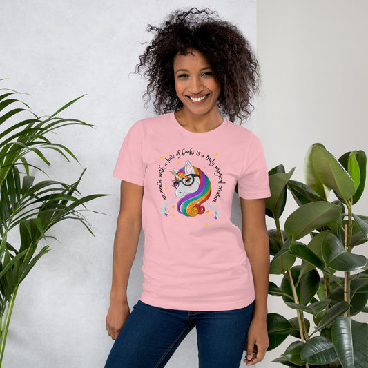 Model wearing pink unicorn book lover auntie T-shirt