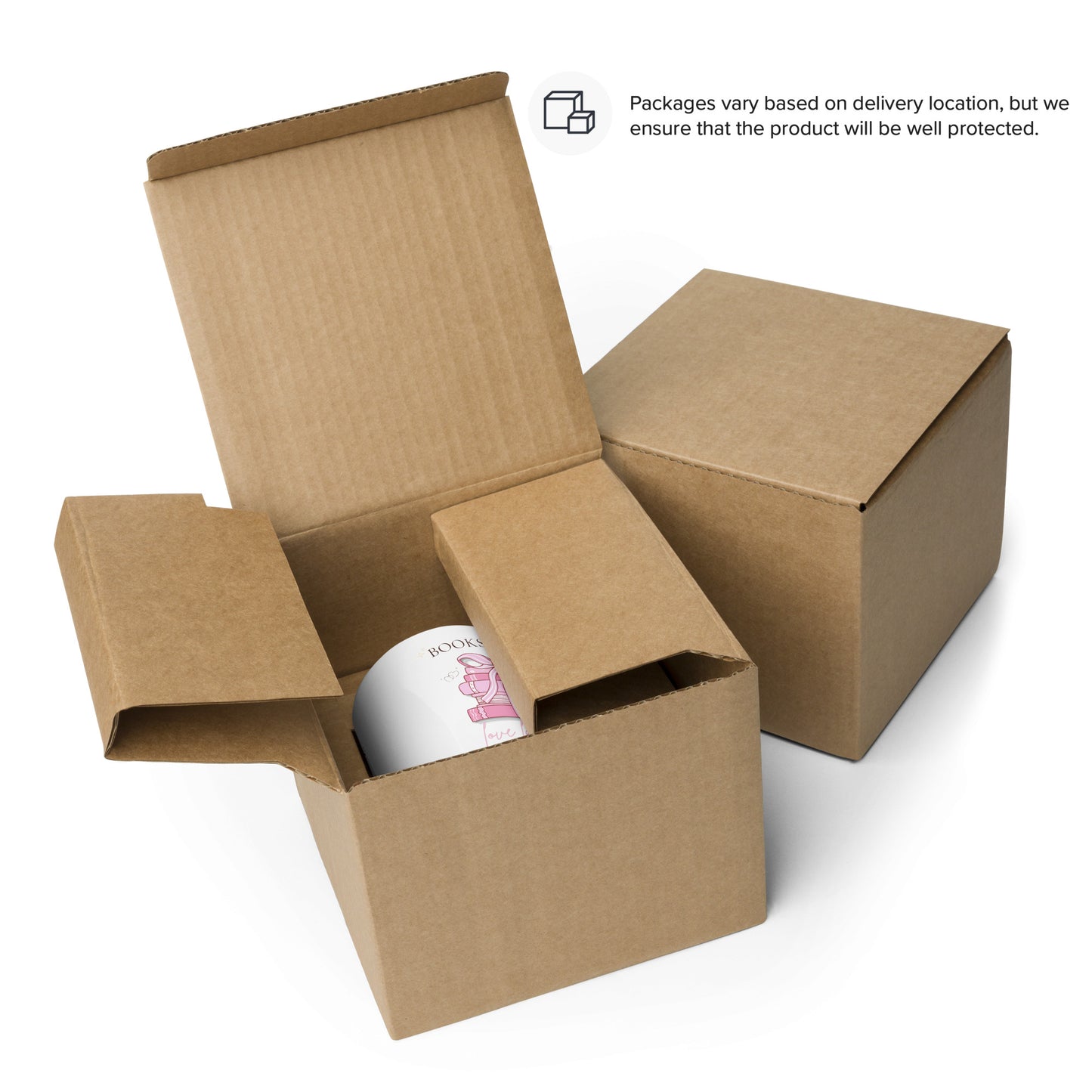 Pink aesthetic mug shown in cardboard delivery packaging