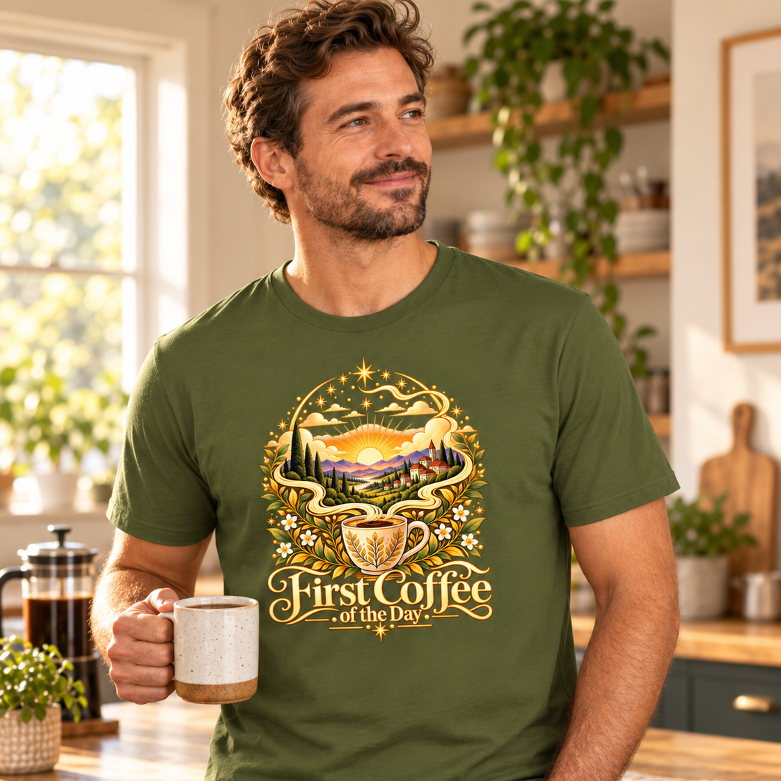 Man wearing an Olive Green First Coffee of the Day illustrated T-shirt, featuring a colourful sunrise and coffee cup design, while holding a mug in a warm, sunlit kitchen.
