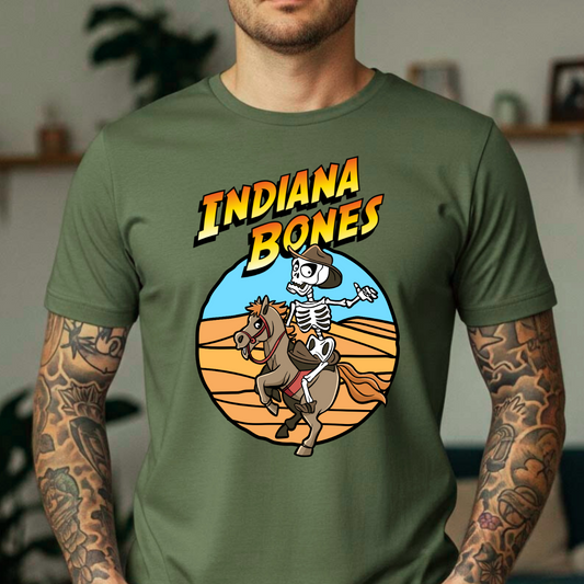 Indiana Bones Halloween T-Shirt – Funny Skeleton Cowboy Tee, Unisex Bella Canvas 3001, Spooky Movie Parody Shirt XS–5XL
