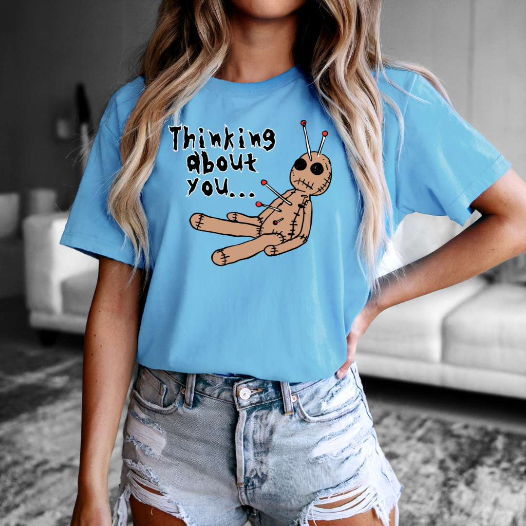 Thinking About You T-Shirt | Voodoo Doll Halloween Tee | Spooky Fun Adult Shirt