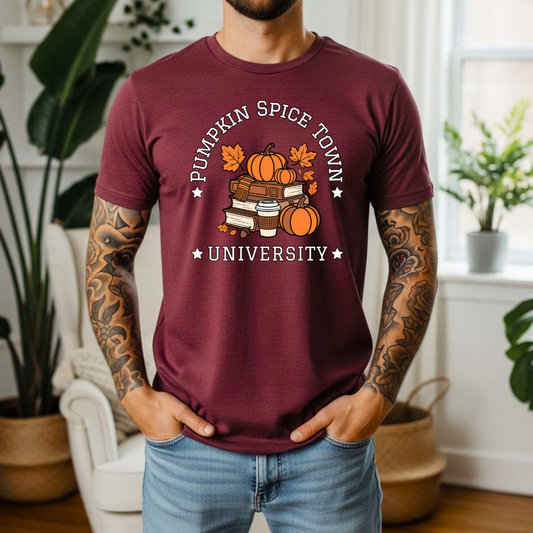Pumpkin Spice Town University T-Shirt | Cozy Autumn Graphic Tee | Varsity Fall Style