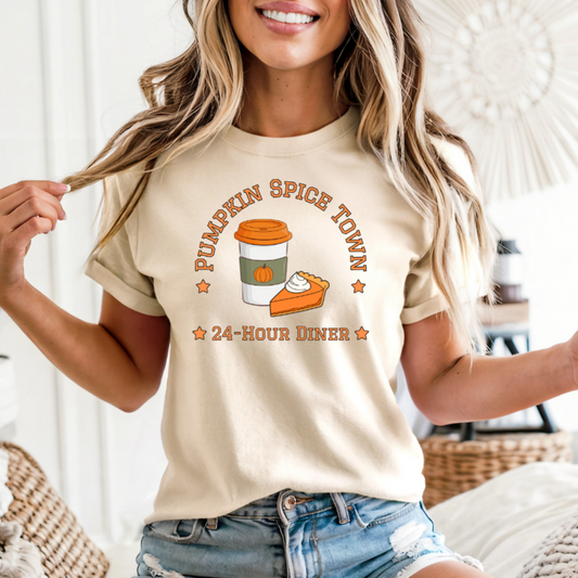 Pumpkin Spice Town 24-Hour Diner T-Shirt | Autumn Coffee Tee | Cosy Fall Shirt