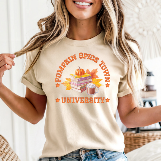 Pumpkin Spice Town University T-Shirt | Cosy Autumn Graphic Tee | Gentle Autumn/Fall Style
