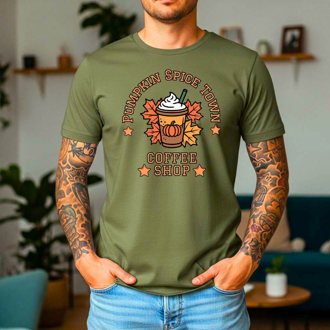 Pumpkin Spice Town Coffee Shop T-Shirt | Unisex Cozy Autumn Graphic Tee | Varsity Fall Style