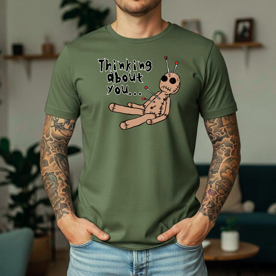 Thinking About You T-Shirt | Voodoo Doll Halloween Tee | Spooky Fun Adult Shirt