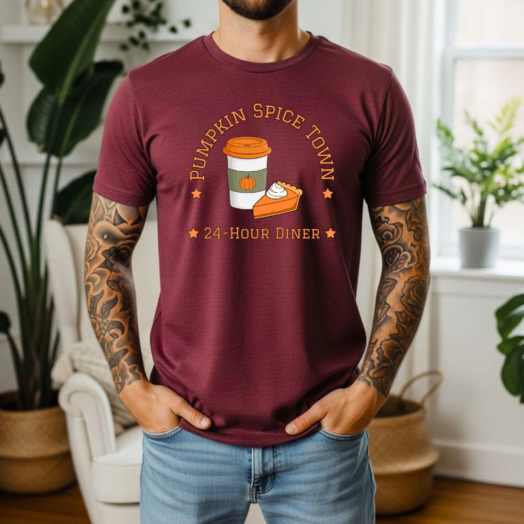 Pumpkin Spice Town 24-Hour Diner T-Shirt | Autumn Coffee Tee | Cosy Fall Shirt
