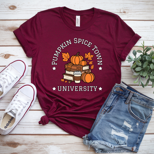 Pumpkin Spice Town University T-Shirt | Cozy Autumn Graphic Tee | Varsity Fall Style