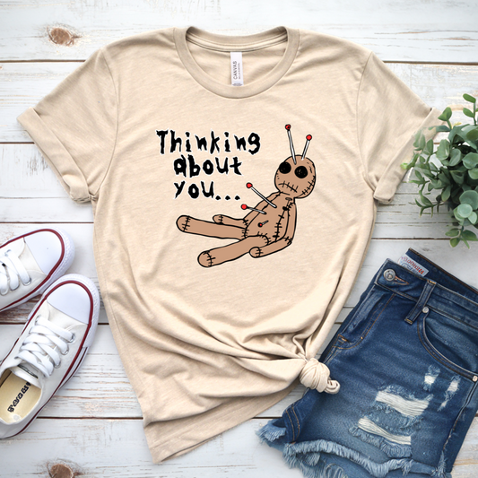 Thinking About You T-Shirt | Voodoo Doll Halloween Tee | Spooky Fun Adult Shirt