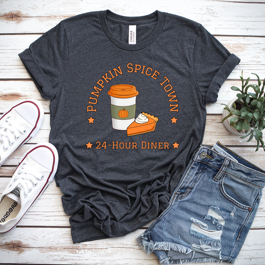 Pumpkin Spice Town 24-Hour Diner T-Shirt | Autumn Coffee Tee | Cosy Fall Shirt