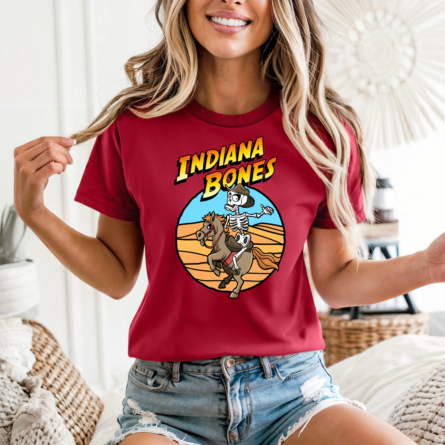 Indiana Bones Halloween T-Shirt – Funny Skeleton Cowboy Tee, Unisex Bella Canvas 3001, Spooky Movie Parody Shirt XS–5XL