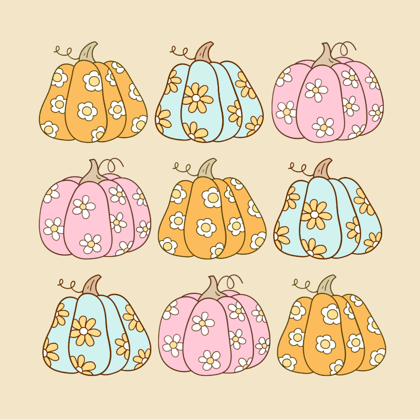 Close-up of pastel pumpkin illustration with floral details in soft autumn colours