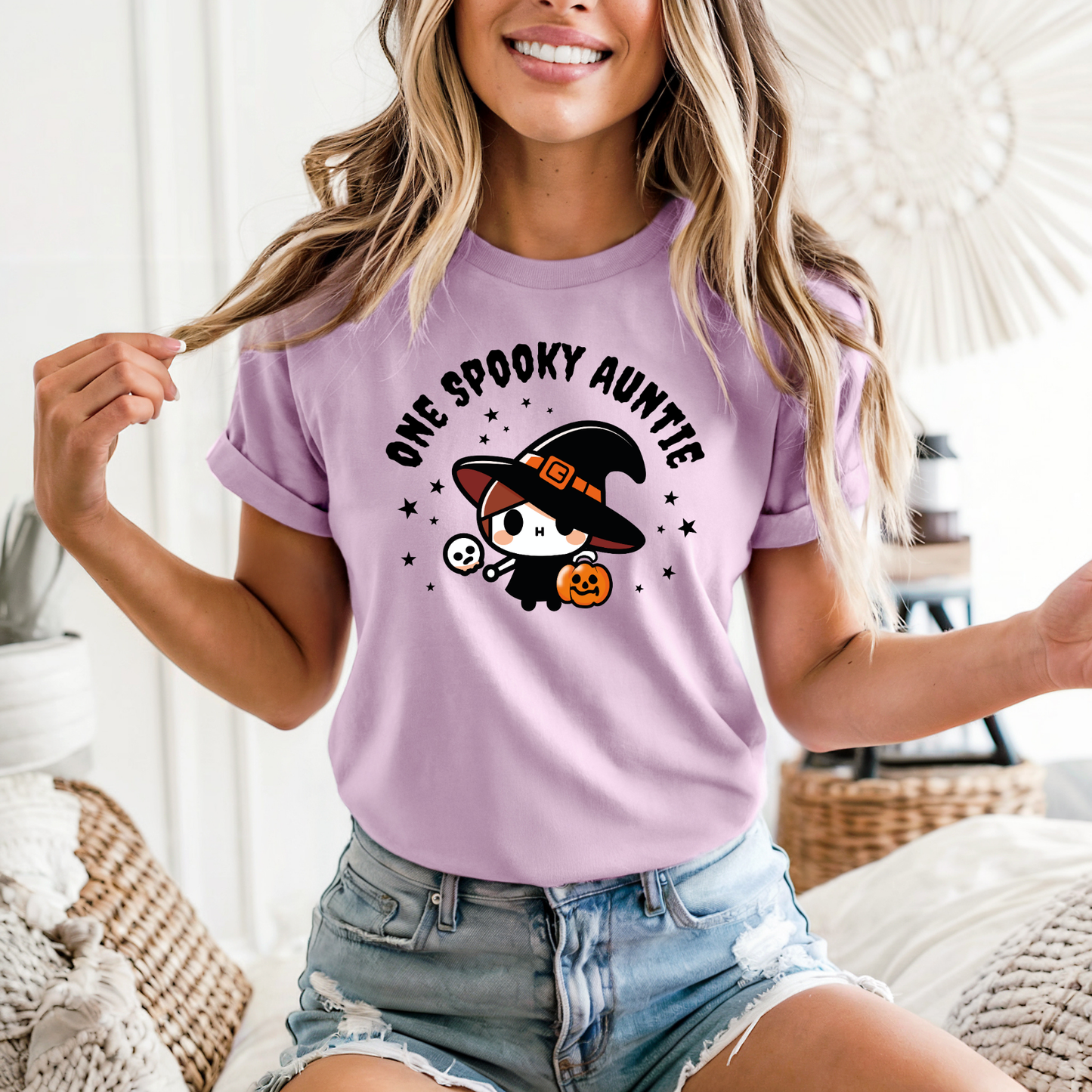 One Spooky Auntie Halloween Shirt, Cute Witch Graphic Tee, Bella Canvas 3001 Unisex T-Shirt, Funny Aunt Costume Top