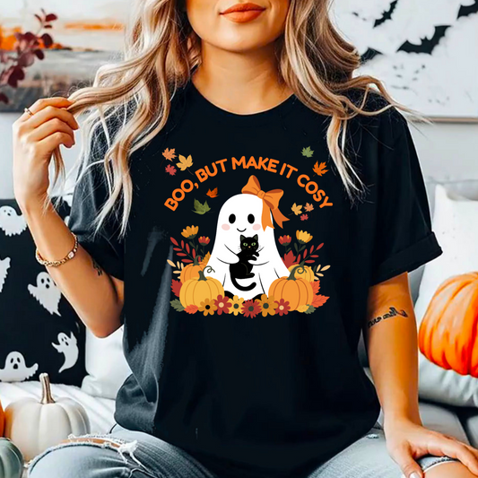 Boo, But Make It Cosy T-Shirt, Cute Ghost Halloween Tee, Bella Canvas 3001 Unisex XS–5XL, Fall & Halloween Gift