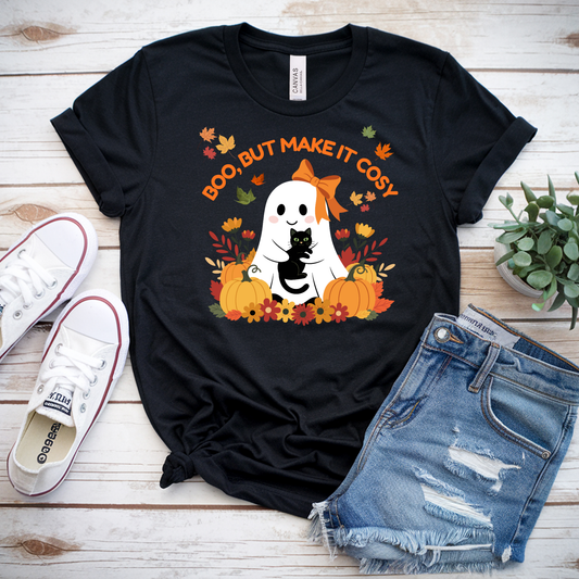 Boo, But Make It Cosy T-Shirt, Cute Ghost Halloween Tee, Bella Canvas 3001 Unisex XS–5XL, Fall & Halloween Gift