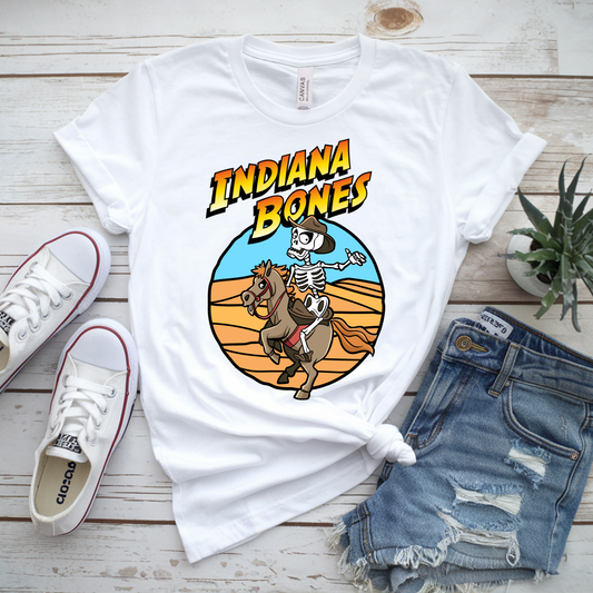 Indiana Bones Halloween T-Shirt – Funny Skeleton Cowboy Tee, Unisex Bella Canvas 3001, Spooky Movie Parody Shirt XS–5XL