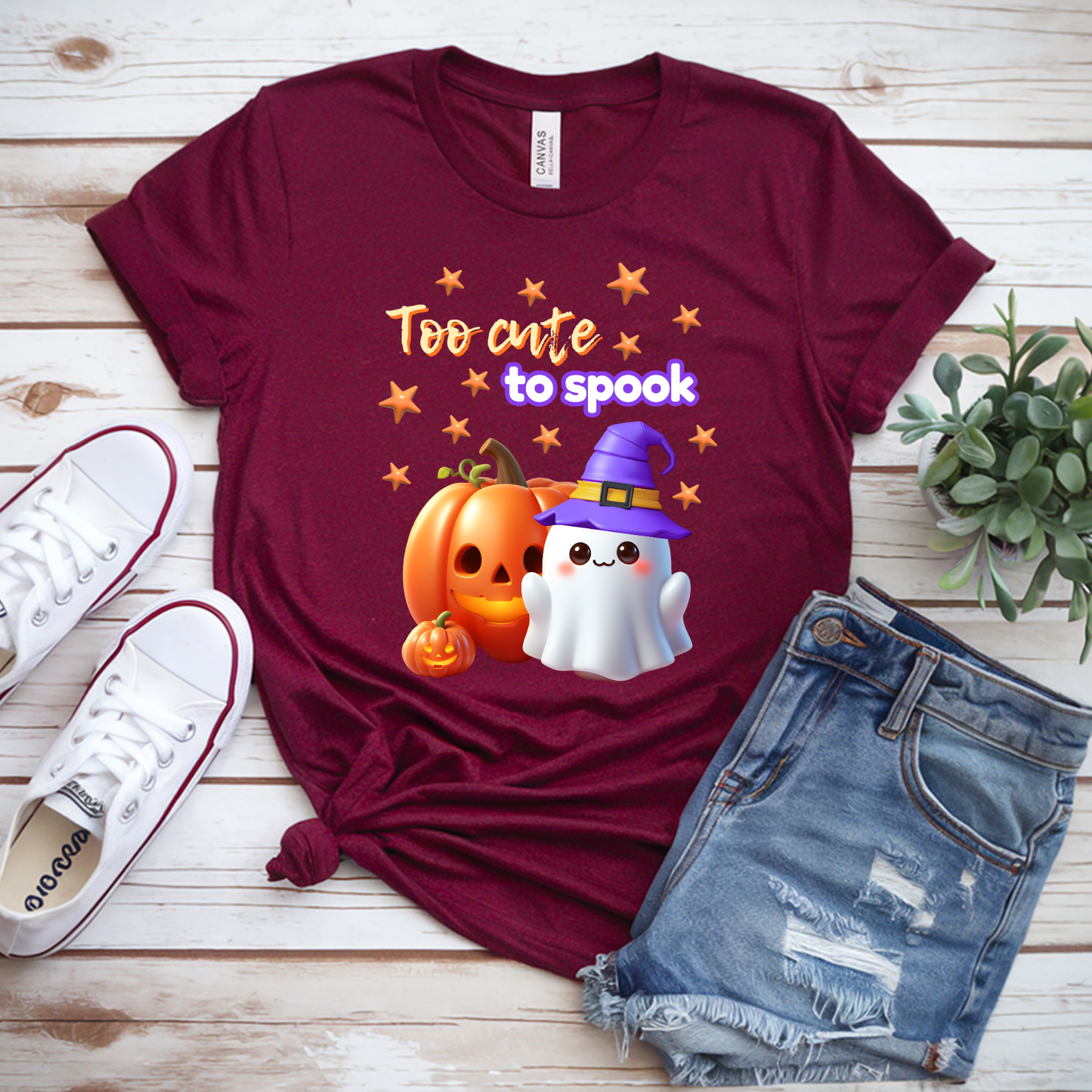 Too Cute to Spook Halloween T-Shirt | Cute Ghost Witch Pumpkin Graphic Tee | Bella Canvas 3001 | Unisex Fall Shirt XS–5XL