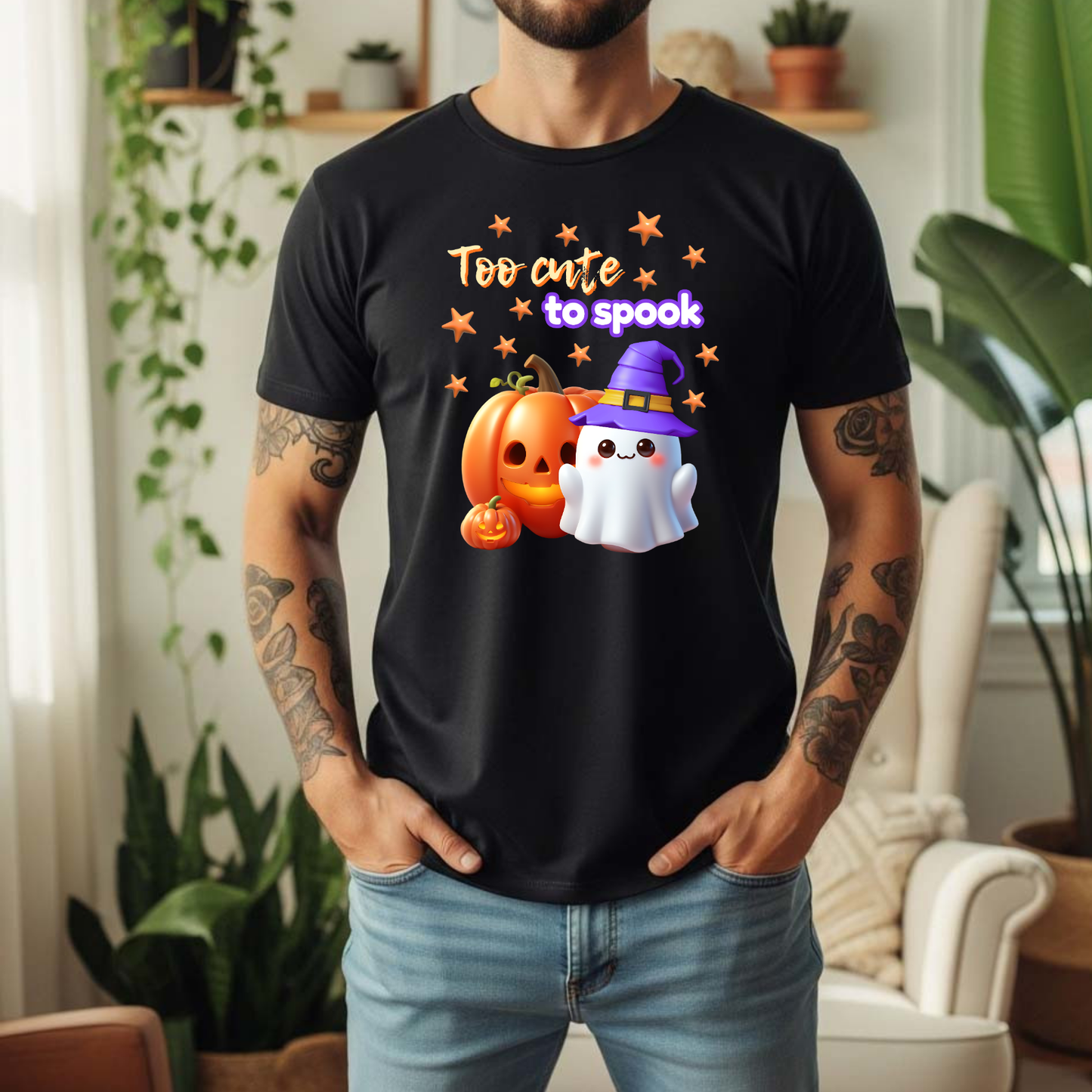 Too Cute to Spook Halloween T-Shirt | Cute Ghost Witch Pumpkin Graphic Tee | Bella Canvas 3001 | Unisex Fall Shirt XS–5XL