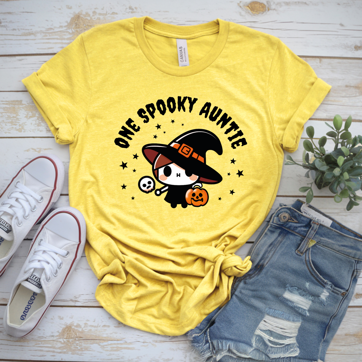 One Spooky Auntie Halloween Shirt, Cute Witch Graphic Tee, Bella Canvas 3001 Unisex T-Shirt, Funny Aunt Costume Top