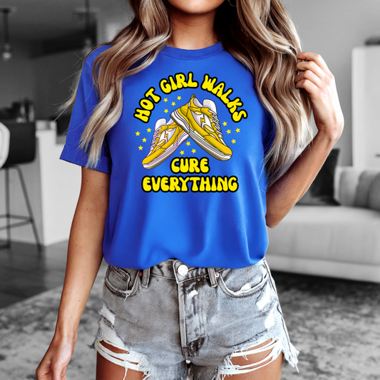 Hot Girl Walks Cure Everything T-Shirt – Yellow Print Edition