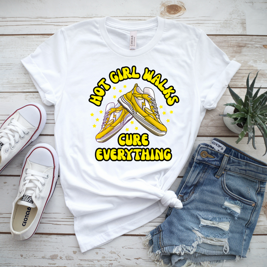 Hot Girl Walks Cure Everything T-Shirt – Yellow Print Edition