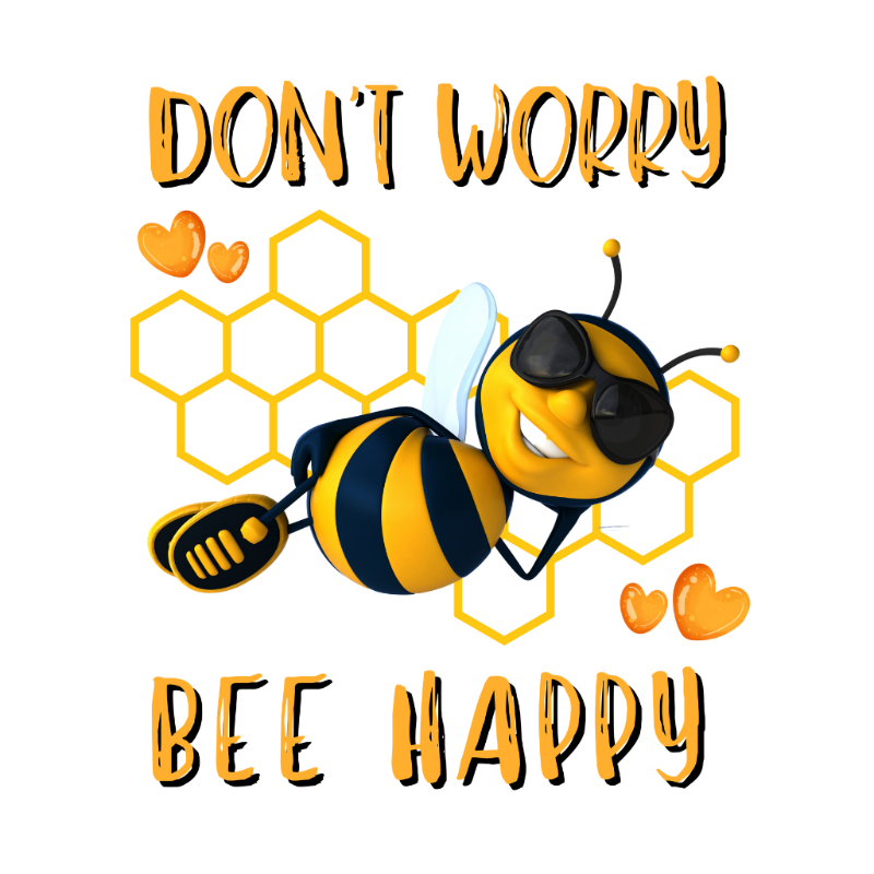 Don’t Worry Bee Happy mug design with smiling bee illustration and playful lettering
