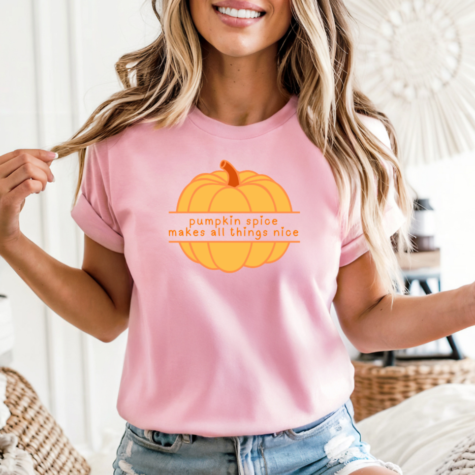 Pumpkin Spice Makes All Things Nice T-Shirt | Cozy Autumn Graphic Tee | Fall Pumpkin Shirt
