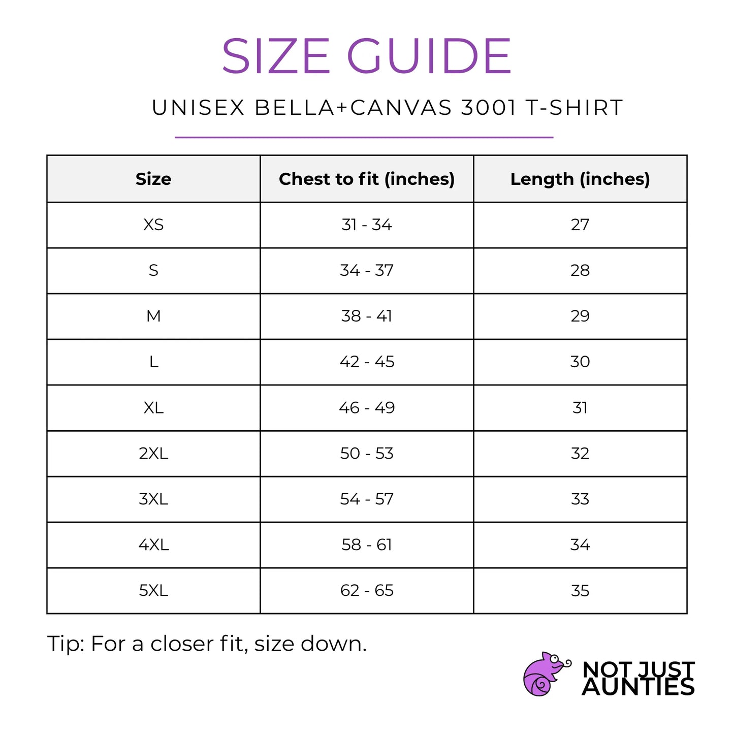 Bella+Canvas 3001 unisex T-Shirt size guide showing chest to fit and length measurements by Not Just Aunties